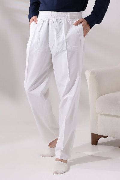 semazen Men's White Relaxed Cut Elastic Waist Linen Hajj and Umrah Shalwar Pants