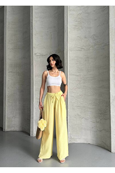 LACASE Kadın Siyah Yüksek Bel Bol Paça Krinkıl Pantolon