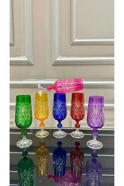 Vakıf home Bohemia Crystal Colorful Cutting Handcrafted Footed Coffee Side Water Glass