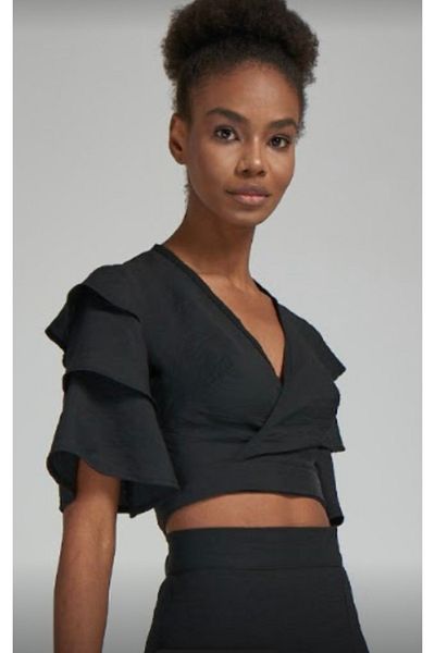MAABMODA Black Flounce Sleeve Double Breasted Crop