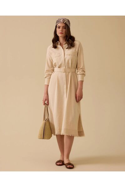 SEÇİL GÖMLEK YAKA KUŞAKLI TUNİK-Bej - 42