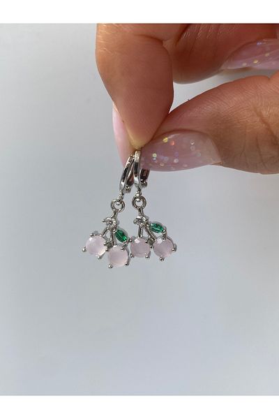 kurukafagift Pink Cherry Stone Silver Color Mini Double Earrings