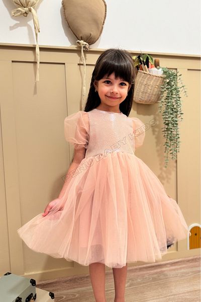 penu baby kids Powder Short Balloon Tulle Sleeve Detailed Baby Girl Dress with Tutu at the Bottom