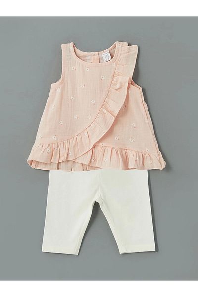 LC Waikiki Lcw Baby Pink Crew Neck Floral Baby Girl Blouse and Leggings 2-Piece
