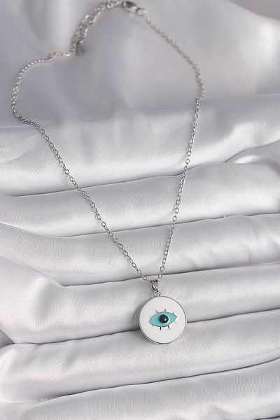 Skygo 316L Steel Silver Color Chain White Enamel Turquoise Eye Embroidery Model Women's Necklace - Tj-Bko9729