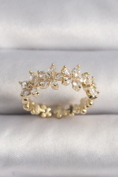 Clariss Brass Gold Color Zircon Stone Flower Model Vip Series Women's Ring