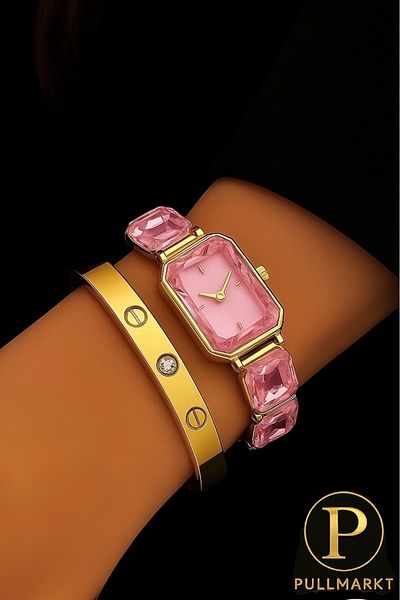 pullmarkt Set of 2 - Women's Wristwatch + Stone Handcuff Bracelet