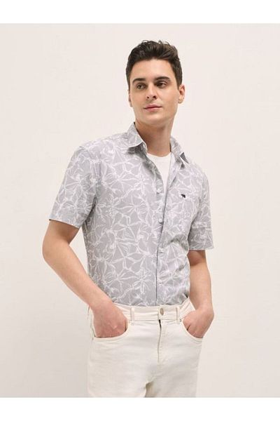 The Bear House Men's Grey with White Floral Print Relax Fit Casual shirt for Every Occasion
