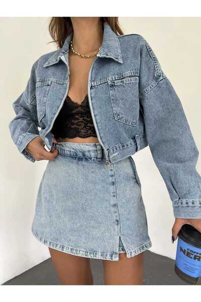 Zeliza Moda Evi Women's Zipper Closure Double Pocket Crop Jeans Jacket