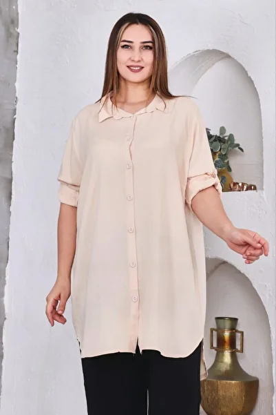 Sevda Kılınç Large Size Plain Woven Viscose Shirt