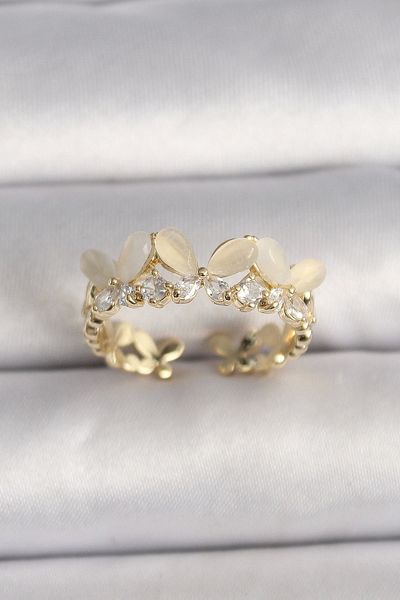 Clariss Brass Gold Color Zircon Stone Detailed White Enameled Butterfly Model Adjustable Ring