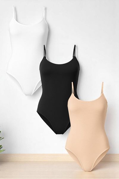 QKK Body din bumbac, lycra, pieptănat, cu bretele subțiri, alb-negru și piele, 3 piese, cu închidere automată