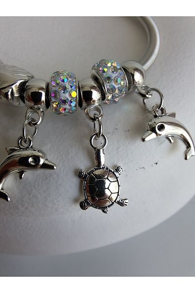 BHR AKSESUAR Silver Dolphin Turtle Charm Bracelet