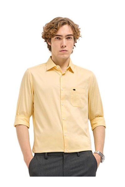The Bear House قميص رجالي رسمي سادة مصمم خصيصًا باللون الأصفر لكل المناسبات