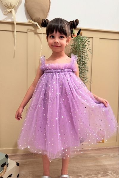 penu baby kids Lilac Star Printed Tulle Ruffle Strap Sleeve Cotton Lined Girl's Baby Girl Dress