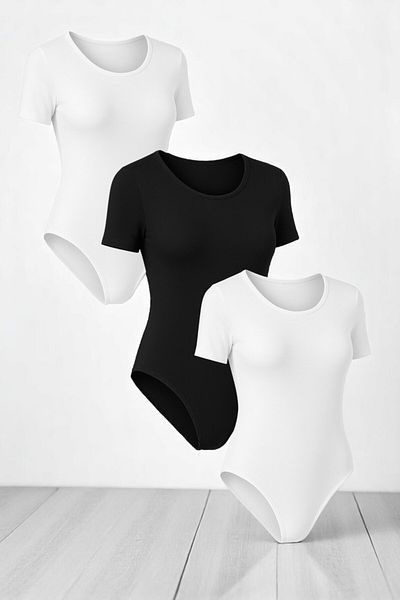 QKK Body din bumbac, lycra, pieptănat, cu mânecă scurtă, cu gâtul turn, alb-negru-alb, cu 3 închidere cu capse