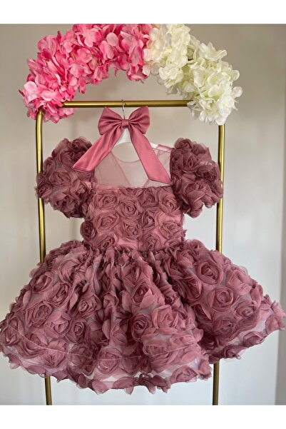 UrazTasarım Bella Güllü Vintage Kız Bebek Elbise, Doğum Günü Elbise,Gül Kurus...