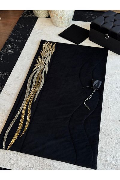 CREARTHOME Black Boxed 5 Pieces Women's Prayer Rug Bride's Dowry Set Black Embroidered Special Production