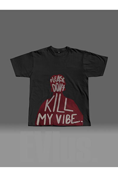 EVIus Oversize Please Don't Kill My Vibe Baskılı Bisiklet Yaka T-Shirt