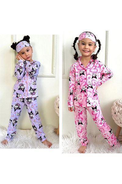 PİJAKİDS Pijakids Kuromi Patterned Front Buttoned 2 Piece Pajama Set Lilac and Pink 50137