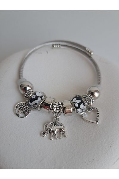 BHR AKSESUAR Silver Elephant Tree of Life Heart Charm Bracelet