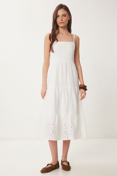 Lovelyİstanbul Rochie de vară din in, festonată, ECRU LUB0107