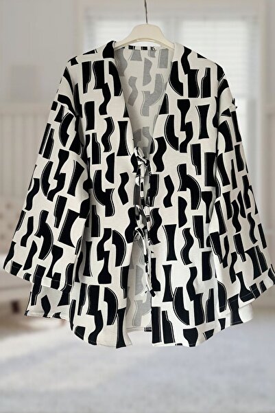 Aişe tesettür Tunica kimono caftan cu legare în față / alb-negru