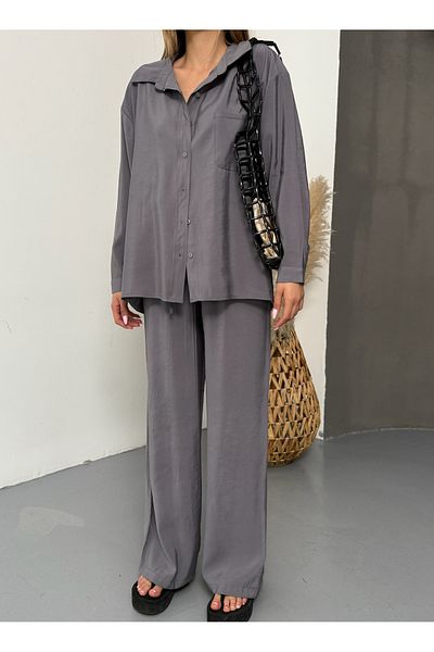 BEJNA Women's Gray Oversize Modal Shirt Pants Set