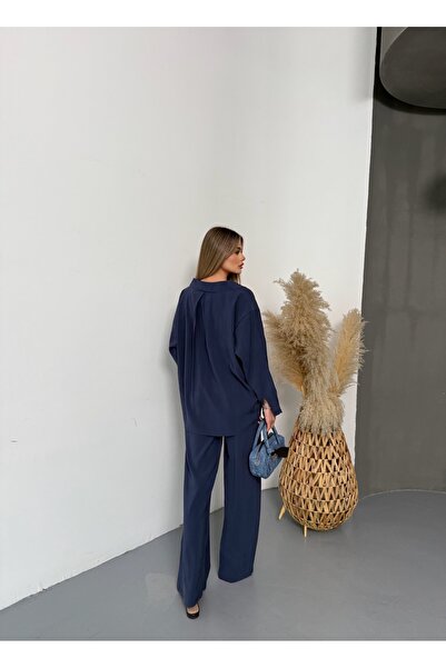 BEJNA Women's Navy Blue Oversize Modal Shirt Pants Set