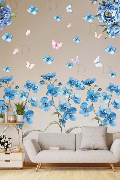 KT Decor Set de autocolante de perete cu flori albastre și fluturi în acuarelă