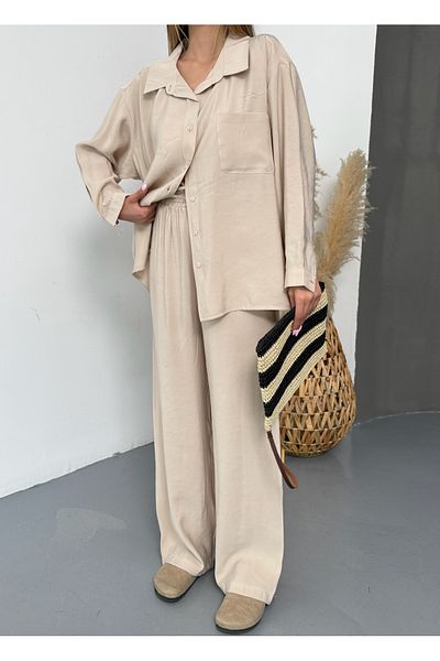 BEJNA Women's Beige Oversize Modal Shirt Pants Set