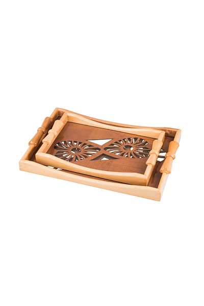 Dania Wooden Tray Set with Metal Handles and Engraved Glass Surface