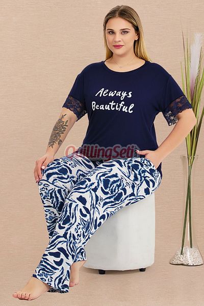 quilling Navy Blue Color and Patterned 11024 Short Sleeve Crew Neck Women's Plus Size Mother Pajama Set