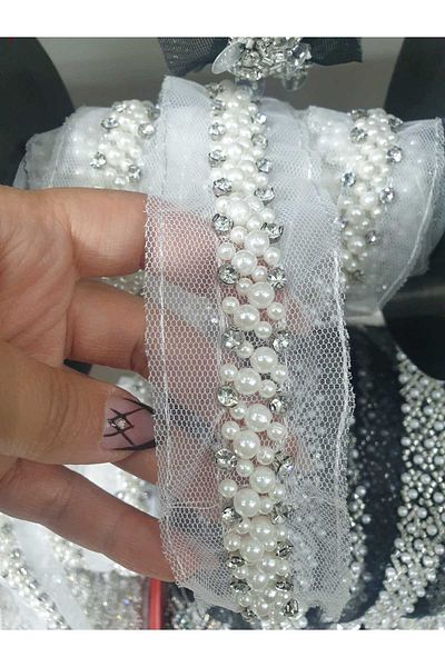 ESRA ŞELEM White Tulle Bias Pearl and Stone Decorative Ribbon Sewing Accessory Applique Hobby