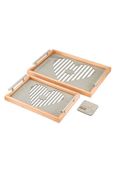 Dania A set of wooden trays and bowls with metal handles and a beautifully engraved glass-covered base.