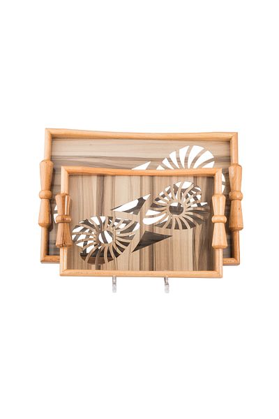 Dania A set of wooden trays and bowls with metal handles and a beautifully engraved glass-covered base.