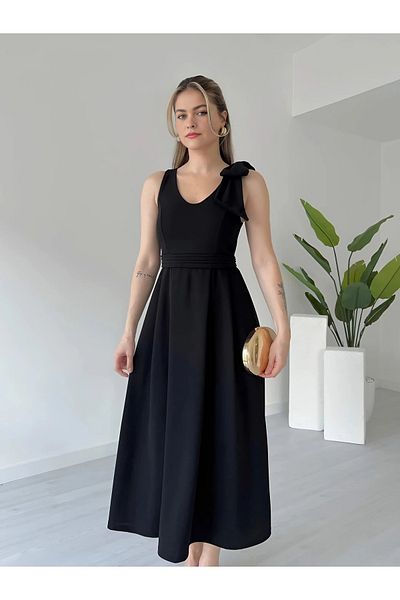 DKS V-Neck Back Zipper Stretchy Shoulder Strap Dress with Bow