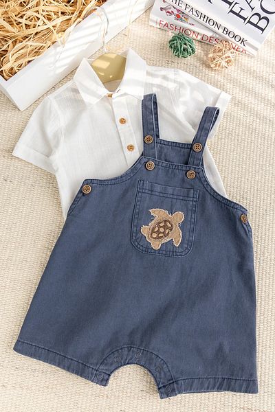 Babymod Figured Denim Stylish Summer Baby Boy Salopet Jumpsuit Set