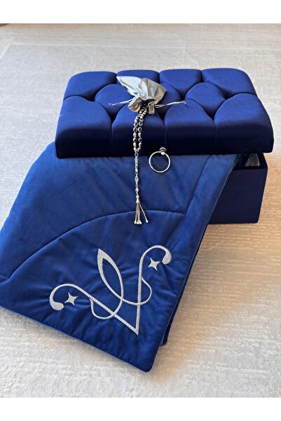 CREARTHOME LACİVERT KUTULU GRİ NAKIŞ İŞLEMELİ TESPİHLİ DAMAT BOHÇA ÇEYİZ SETİ
