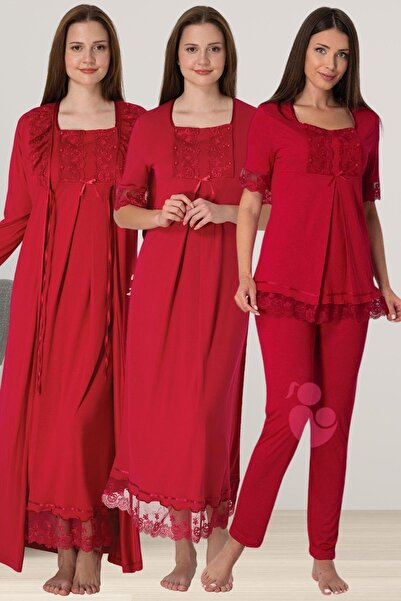 Lohussa Kadın Fusya Dantelli Özel Tasarım Yazlık Pamuk Hamile Lohusa Sabahlık...