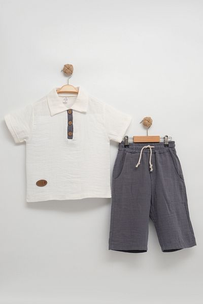 Tosyalı Burak Bebe Boy's Summer T-Shirt Capri Set - Muslin Organic Fabric, 6-10 Years, with Pockets, Luxury