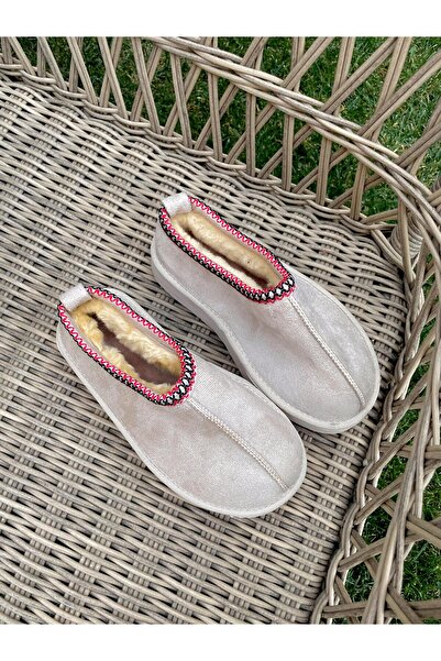 Elvinin Tarzı Puffy Fur Inside Flat Sole (Beige Color)