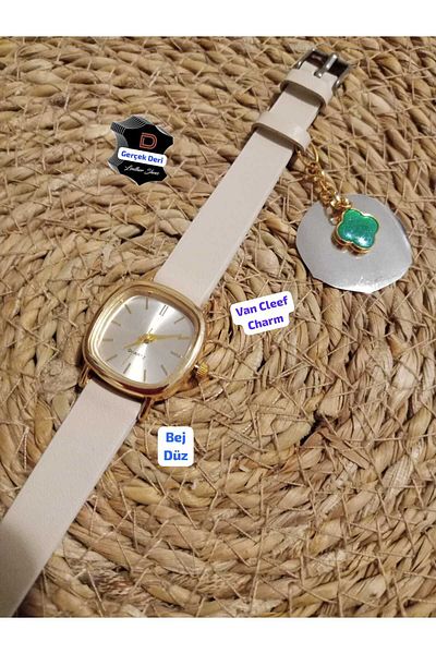 Brality Charm Van Cleef.. Real Leather Beige Cord Vintage Oval Square Women Wrist Watch.. Gold Case... 0021