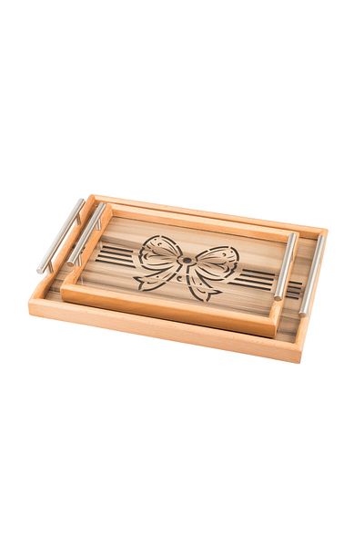 Dania A set of wooden trays and bowls with metal handles and a beautifully engraved glass-covered base.
