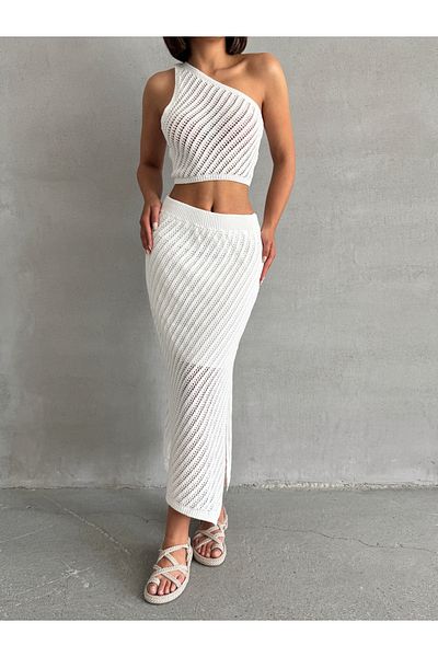 BEJNA Women's Ecru Openwork Summer Knitwear Crop Skirt Set
