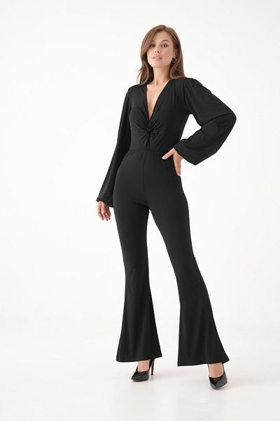 MAMAYAGA Women's Front Gathered Long Sleeve Wide Leg V-Neck Elegant Design Jumpsuit