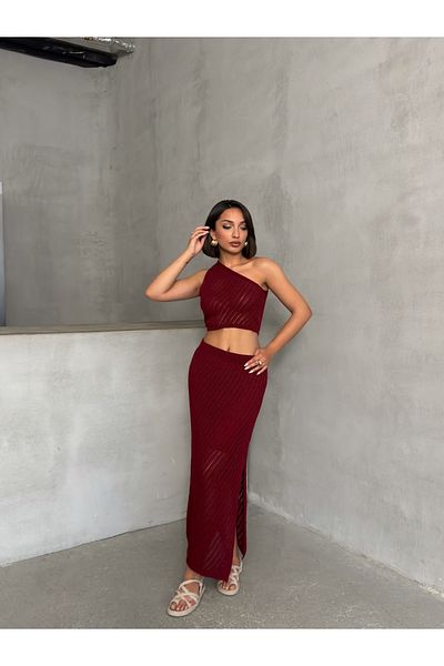 BEJNA Women's Burgundy Openwork Summer Knitwear Crop Skirt Set
