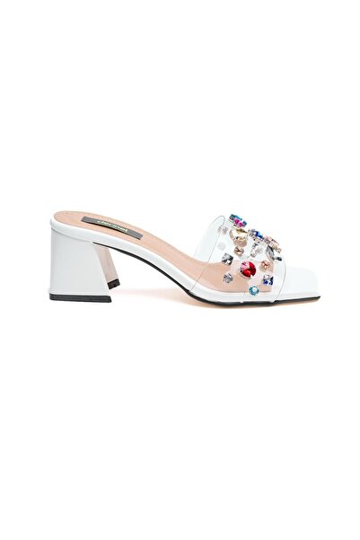 derinet Renkli Taşlı Şeffaf Bantlı Kadın Topuklu Terlik