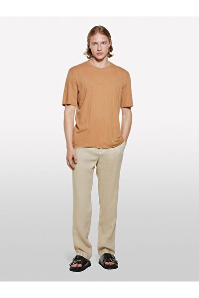 Sisley Ανδρικό μπλουζάκι με λαιμόκοψη με λινό, καφέ - 325P3D8FS104L