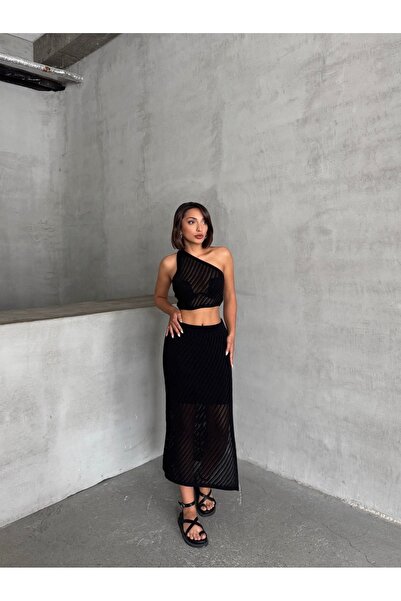 BEJNA Women's Black Openwork Summer Knitwear Crop Skirt Set